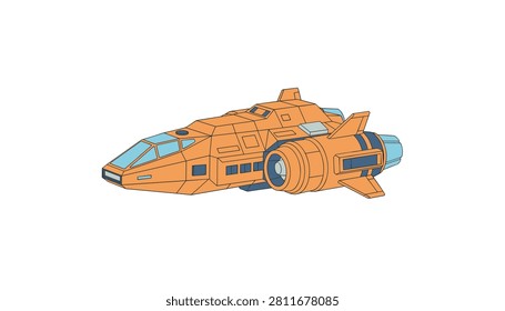 Robust orange space freighter ship equipped with large side engines and a multi-windowed cockpit for intergalactic cargo transport.