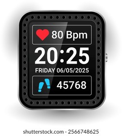 A robust smartwatch interface with an industrial style frame featuring time, date, heart rate monitor, and step counter