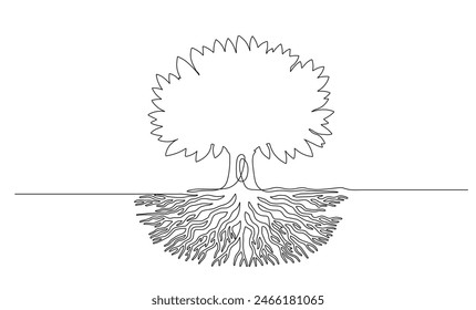 robust tree with deep roots in a continuous line style. vector illustration.