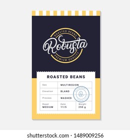 Robusta coffee beans packaging label design template. Hand written lettering. Vintage retro old school style. Vector illustration.