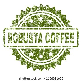 ROBUSTA COFFEE stamp seal watermark with rubber print style. Green vector rubber print of ROBUSTA COFFEE text with grunge texture.