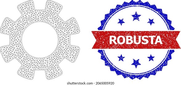 Robusta rubber seal imitation, and gearwheel icon mesh model. Red and blue bicolor stamp has Robusta caption inside ribbon and rosette. Abstract flat mesh gearwheel, built from flat mesh.