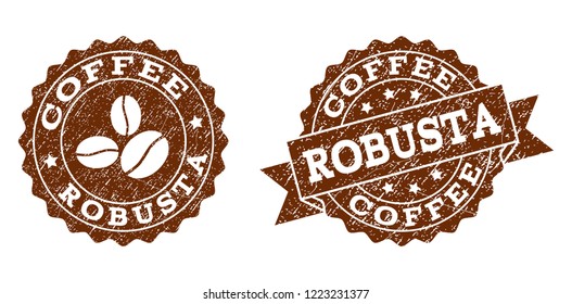 Robusta rubber stamps. Vector seals in chocolate color with round, ribbon, rosette, coffee bean elements. Grainy design and unclean texture are used for Robusta rubber imprints.