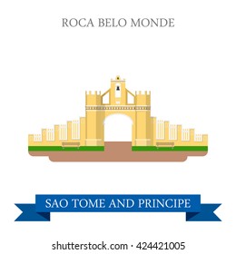 Roca Belo Monte in SAO Tome and Principe. Flat cartoon style historic sight showplace attraction web site vector illustration. World countries cities vacation travel sightseeing Africa collection.