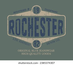 Diseño de la tipografía del eslogan original de Rochester Blue Jeangrogan. Gráfica de camisetas vectoras u otros usos.