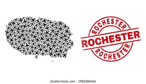 Rochester rubber badge, and Terceira Island map mosaic of jet vehicle elements. Mosaic Terceira Island map constructed with aeroplanes. Red badge with Rochester word, and distress rubber texture.
