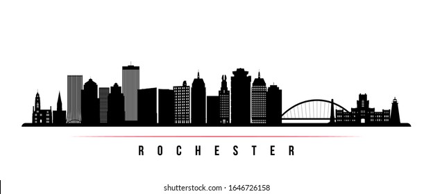 Banner horizontal de la línea horizontal de Rochester. Silueta blanca y negra de Rochester, Nueva York. Plantilla vectorial para su diseño. 