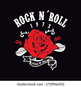 Rock N´Roll 1973 year Red roses and black label  vector for poster design trendy t  shirt design