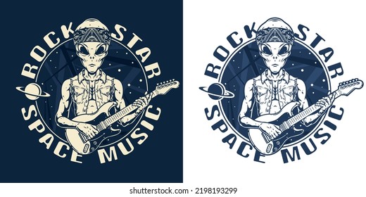 Rock Aliens Element monochrome Vintage Weltraummusik von Star Martian mit Gitarre lädt zu Konzerten mit neuen Album Vektorgrafik Vektorgrafik