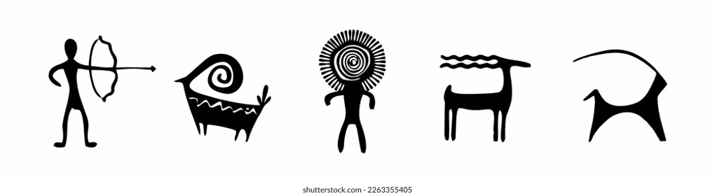 Rock ancient symbols, human and animal illustration, flat vector