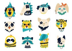 Rock Animals. Vector Collection Of Cartoon Doodle Characters For Kids In Funny Doodle Style. For Printing On Baby Clothes, Posters, Invitations, Cards, Rock Punk Parties