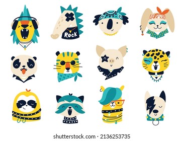 Rock animals. Vector collection of cartoon doodle characters for kids in funny doodle style. For printing on baby clothes, posters, invitations, cards, rock punk parties