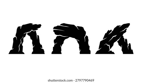 Rock arch silhouettes forming the letters rak against a white background silhouette stone natural formation