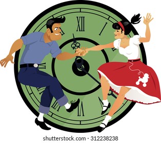 Rock around the clock. Young couple dressed in 1950s fashion dancing rock and roll, clock face on the background.