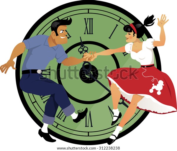 Rock around\
the clock. Young couple dressed in 1950s fashion dancing rock and\
roll, clock face on the\
background.