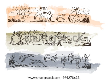 Rock art of ancient people. Primitive painting of the stone age. Vector illustration