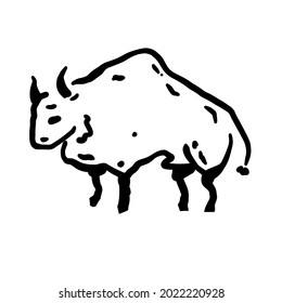 Rock art. Drawing of a bull or ox. Primitive tribal cartoon. Black and white doodle