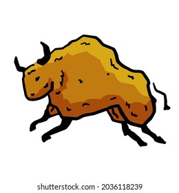 Rock art. Drawing of a bull or ox. Primitive tribal cartoon. Running animal