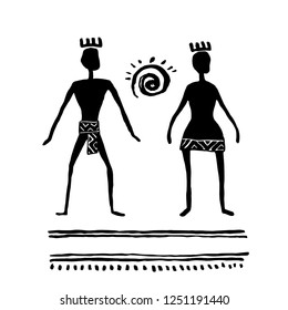 Rock art. Prehistoric people. Man and woman. Ink drawing sketch. Vector illustration.