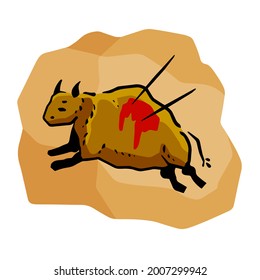 Rock art. Scene of bull hunt. Primitive life. Drawing in a cave. Animal wounded by spear or arrow. Sketch cartoon illustration
