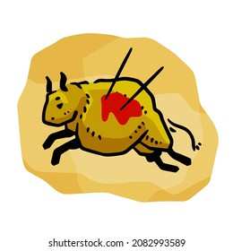 Rock art. Scene of bull hunt. Primitive life. Drawing in a cave. Animal wounded by spear or arrow. Sketch cartoon illustration