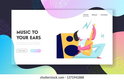 Rock Artists Character Singing and Playing Electric Guitar Standing on Knees at Concert Music Hall Stage. Guitar Player, Singer Website Landing Page, Web Page. Cartoon Flat Vector Illustration, Banner
