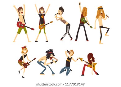 Rock artists characters set. Young musicians with electric guitars and microphones. Cartoon people in different poses. Musical band. Flat vector design