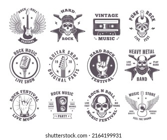 Rock badges. Music elements guitar wings microphone motorbike fire emblems exact vector monochrome symbols collection