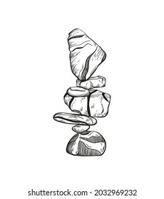 Rock Balancing vector illustration. Stone Stacking Art, sketch style print. Cairn stones. Balancing and stack rocks emblem. Beautiful land art sculptures.