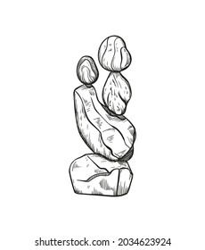Rock Balancing vector illustration. Stone Stacking Art, sketch style print. Cairn stones. Balancing and stack rocks emblem. Meditation and balance art concept poster.