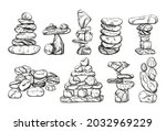 Rock Balancing vector objects. Stone Stacking Art, sketch style illustration. Cairn stones. Balancing and stack rocks on top of each other in different shapes and sizes, beautiful land art sculptures.