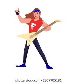 Rock band artist in a red shirt with a skull with long hair playing guitar on stage. Singer pop, country, rock star or hiphop rapper vocalist. Vector Illustration in flat design cartoon style for