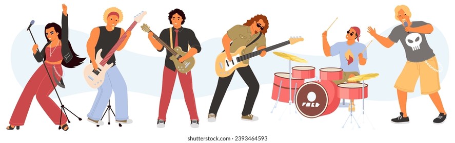 Rock band cartoon characters singing song playing music isolated set. Excited male and female people performing with music instruments vector illustration. Soloist, guitarist, drummer personage