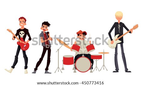 Rock band cartoon style vector illustration isolated on white background. Musicians - singer guitarist drummer solo guitarist bassist. Isolated vector rock band musicians