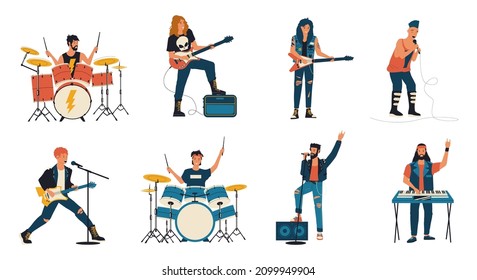 Rock band characters. Cartoon guitar player, vocalist and drummer playing rock music, metal band members. Vector competition rock show isolated set