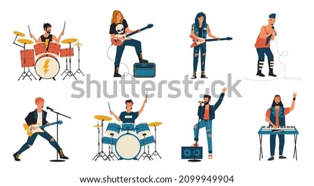 Rock band characters. Cartoon guitar player, vocalist and drummer playing rock music, metal band members. Vector competition rock show isolated set