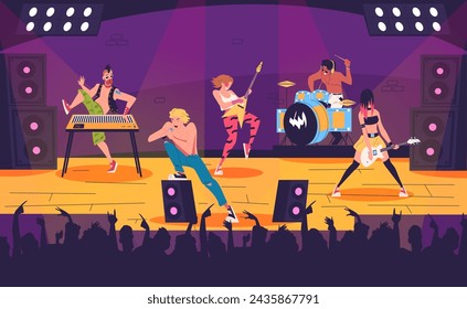 Rock band characters concert. Rocker musicians group members performing stage, rock star punk music artist guitarist drummer dancing crowd nightclub scene classy vector illustration