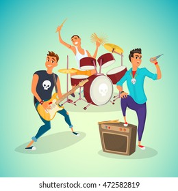 Rock band concer. Group creative young people playing instruments impressive performance. Cartoon vector illustration