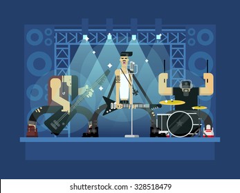 Rock Band Concert, Guitar And Musician, Musical Instrument, Sound And Performance, Stage And Guitarist, Flat Vector Illustration