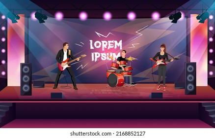Rock band concert. Musicians group on stage. Scene by color spot lights and music speakers. Woman playing guitar. Man play bass guitar. Screen behind drummer. Empty dance floor. Vector illustration