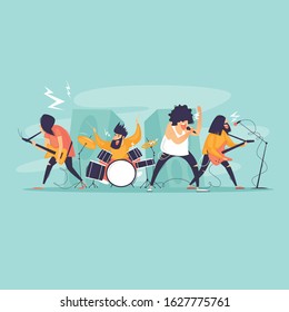 Rock band, concert, performance, musicians play instruments and sing. Flat design vector illustration.