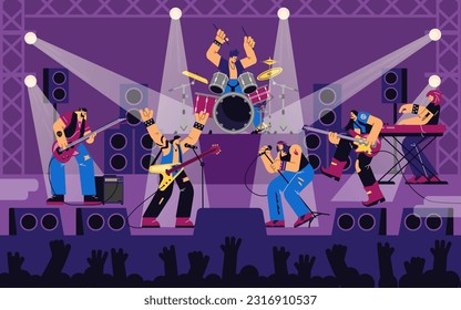 Rock band concert popular metal group, performing on stage of a music festival. Vocalist, drummer, pianist, guitarist on scene, crowd of people, light in the hall. Vector illustrations