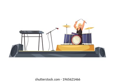Rock band drummer performing on stage flat vector illustration