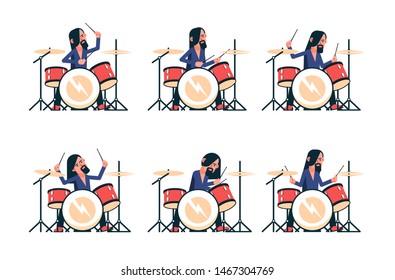 Rock band drummer playing drum set. Vector isolated character.