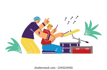 Rock band drummers musicians playing drums, flat cartoon vector illustration isolated on white background. Drumming lesson or music band concert rehearsal.