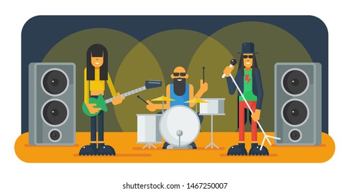 Rock band flat vector illustration. Guitarist, vocalist and drummer on scene cartoon characters. Music band on festival party. Musicians performing, singing on stage. Rock-n-roll concert