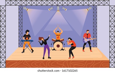 Rock band flat vector illustration. Music group with two vocalists performing at concert. Musicians playing together on stage. Live musical performance. Festival. Cartoon characters