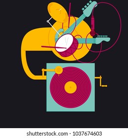 ROCK BAND GRAMOPHONE. rock and roll music.
Serie of funny illustrations with cool musicians and instruments.