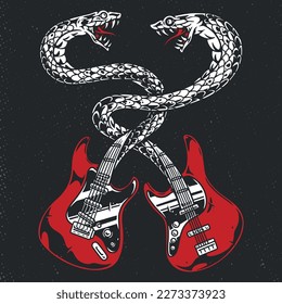 Rock band guitars colorful sticker with snakes turning into musical instrument for concert with music in Rock-and-roll style vector illustration