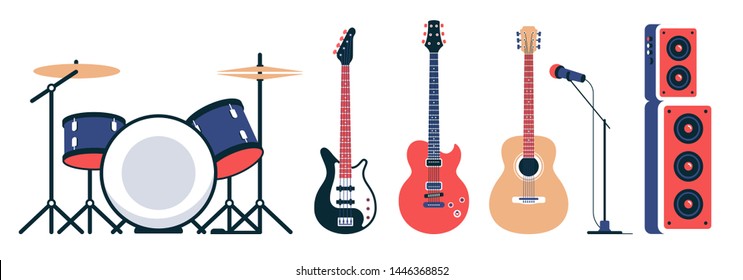 Rock band instruments set. Acoustic and electric guitars, drum set and speakers with a microphone. Vector illustration.